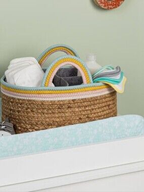 Woven Rope Basket Tote with Pastel Rainbow Trim
